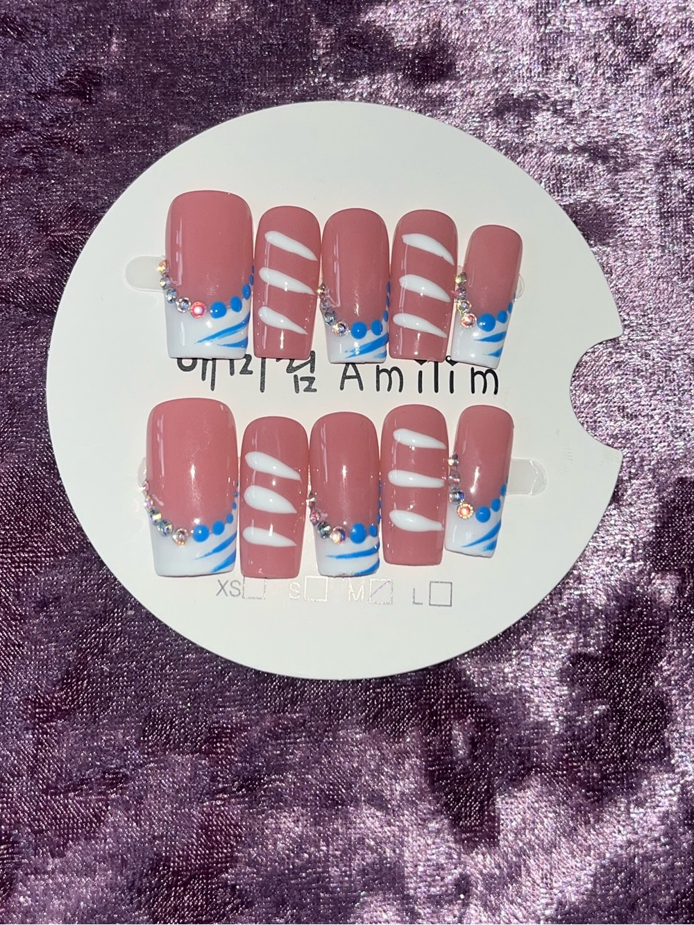 Pink Press-On Nails with Blue and White Accent Gems
